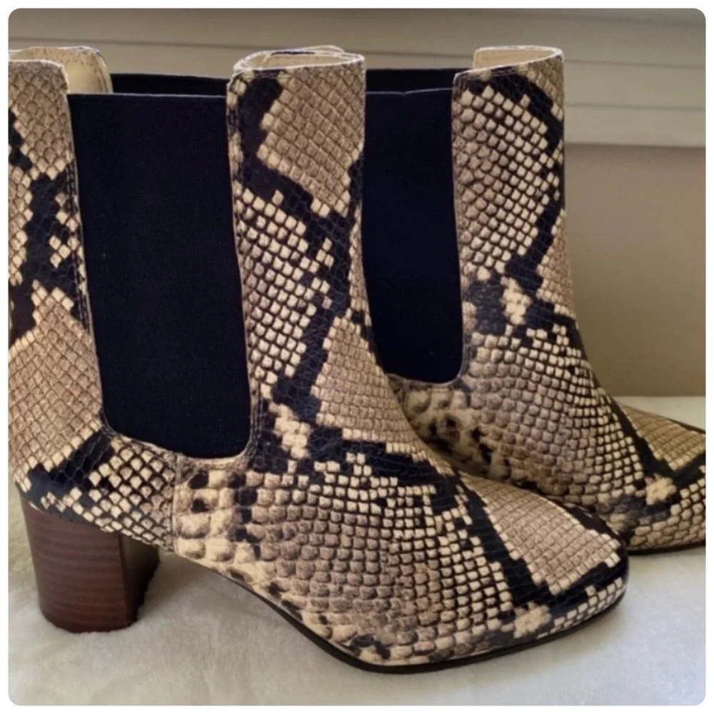 NIB J Crew Leather Willa Snake Embossed  Stacked-Heeled Boots size 6.5